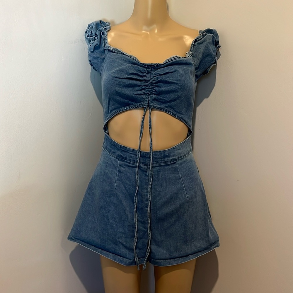 Boho Denim Cut-Out Romper with Ruched Bust